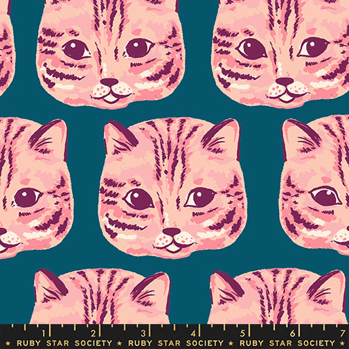 PREORDER Oops All Cats || Meow Meow Warm Teal || Cotton Linen Canvas HALF YARD