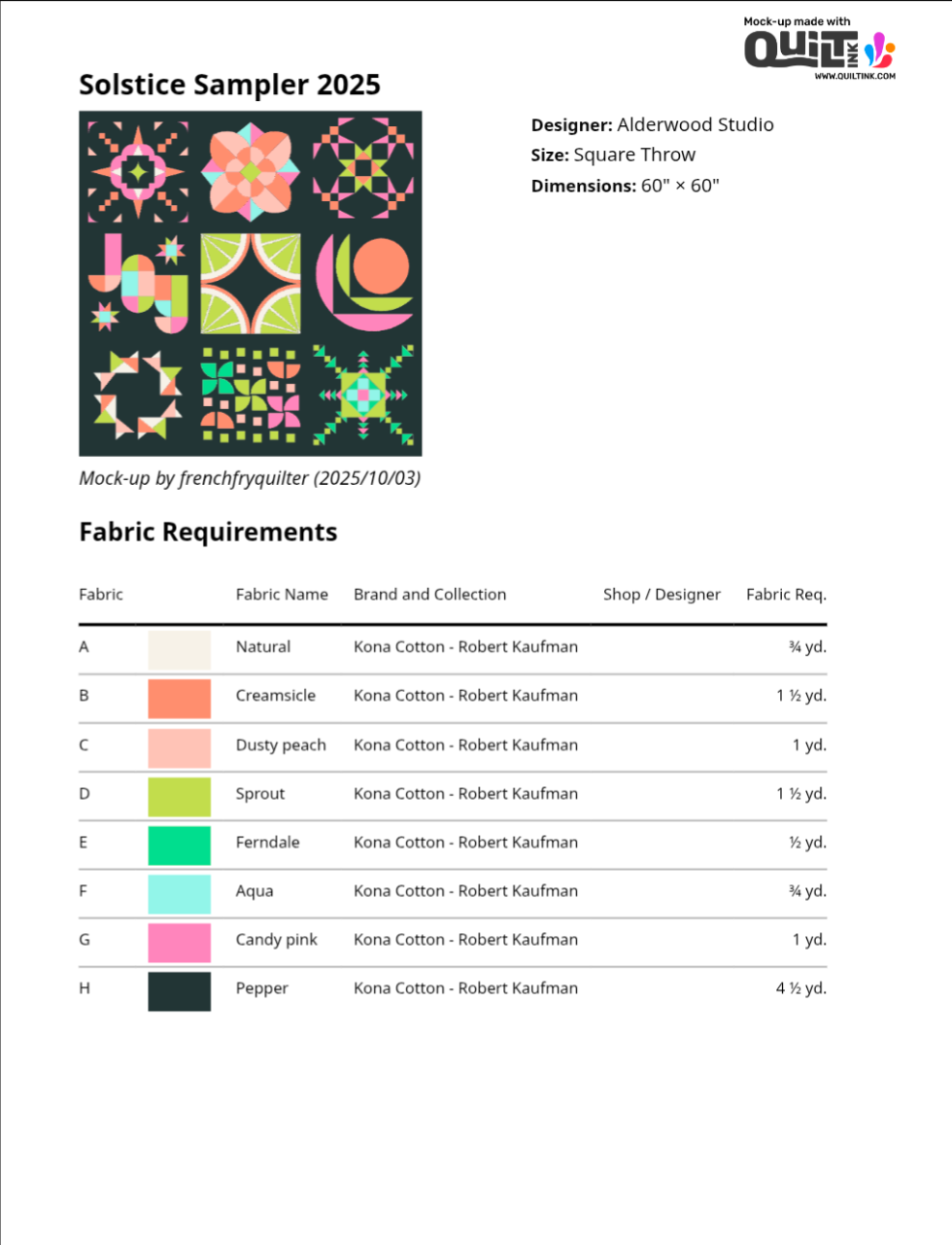 Solstice Sampler 2025 Quilt Kit PEPPER