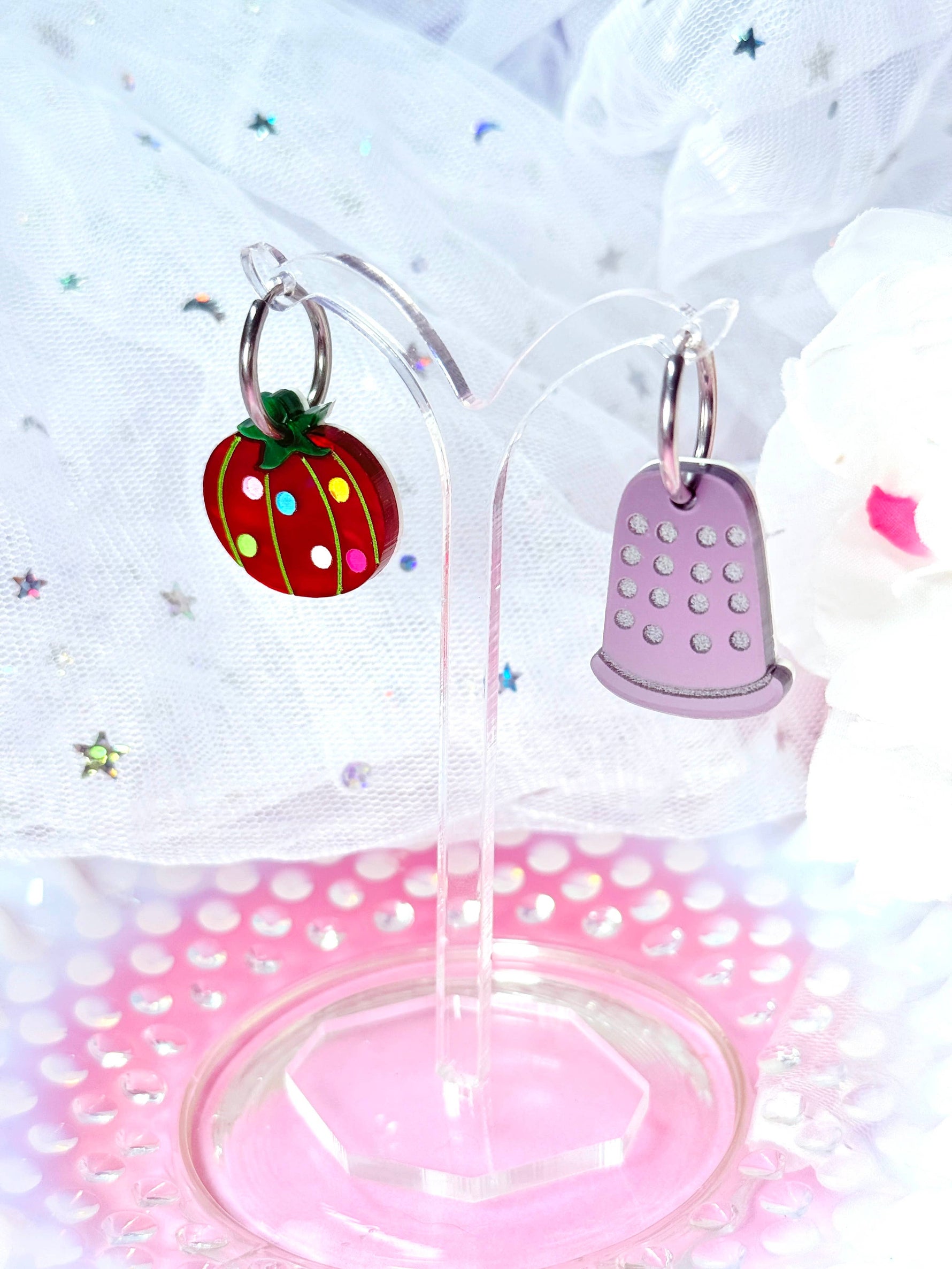 Sewing Notions Acrylic Earrings: Thimble pair / Hoops (pictured)