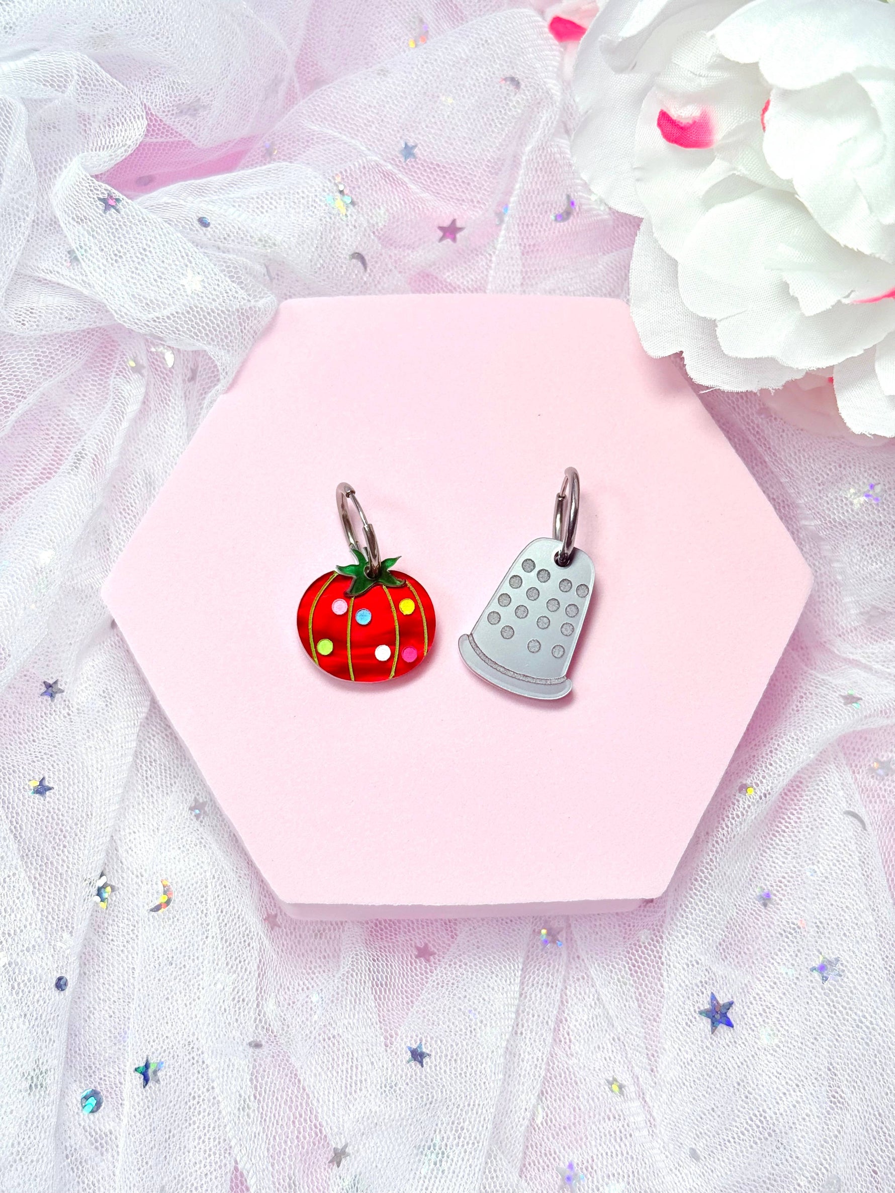 Sewing Notions Acrylic Earrings: Thimble pair / Hoops (pictured)