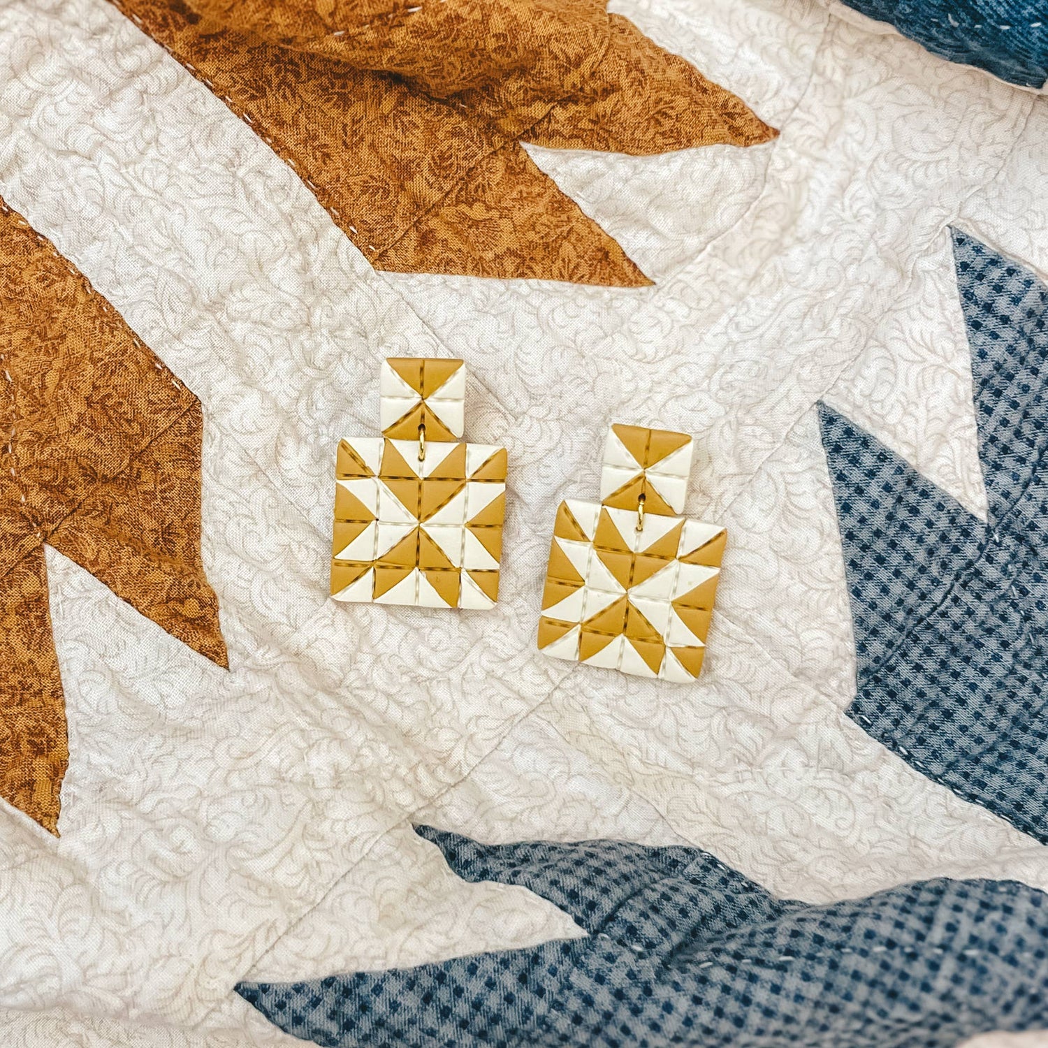 Quilted Style Stud Dangle Earrings | White + Mustard