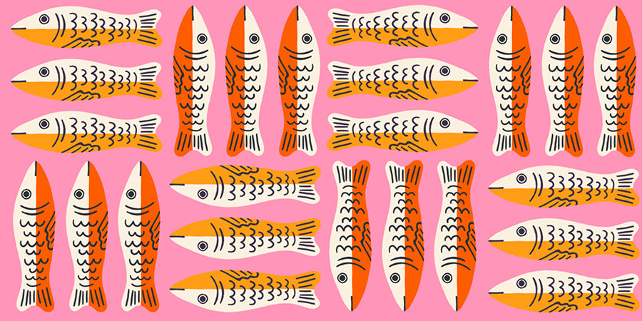 PREORDER 1-800-Calico || Little Sardines Lucky Pink || Cotton Quilting Fabric