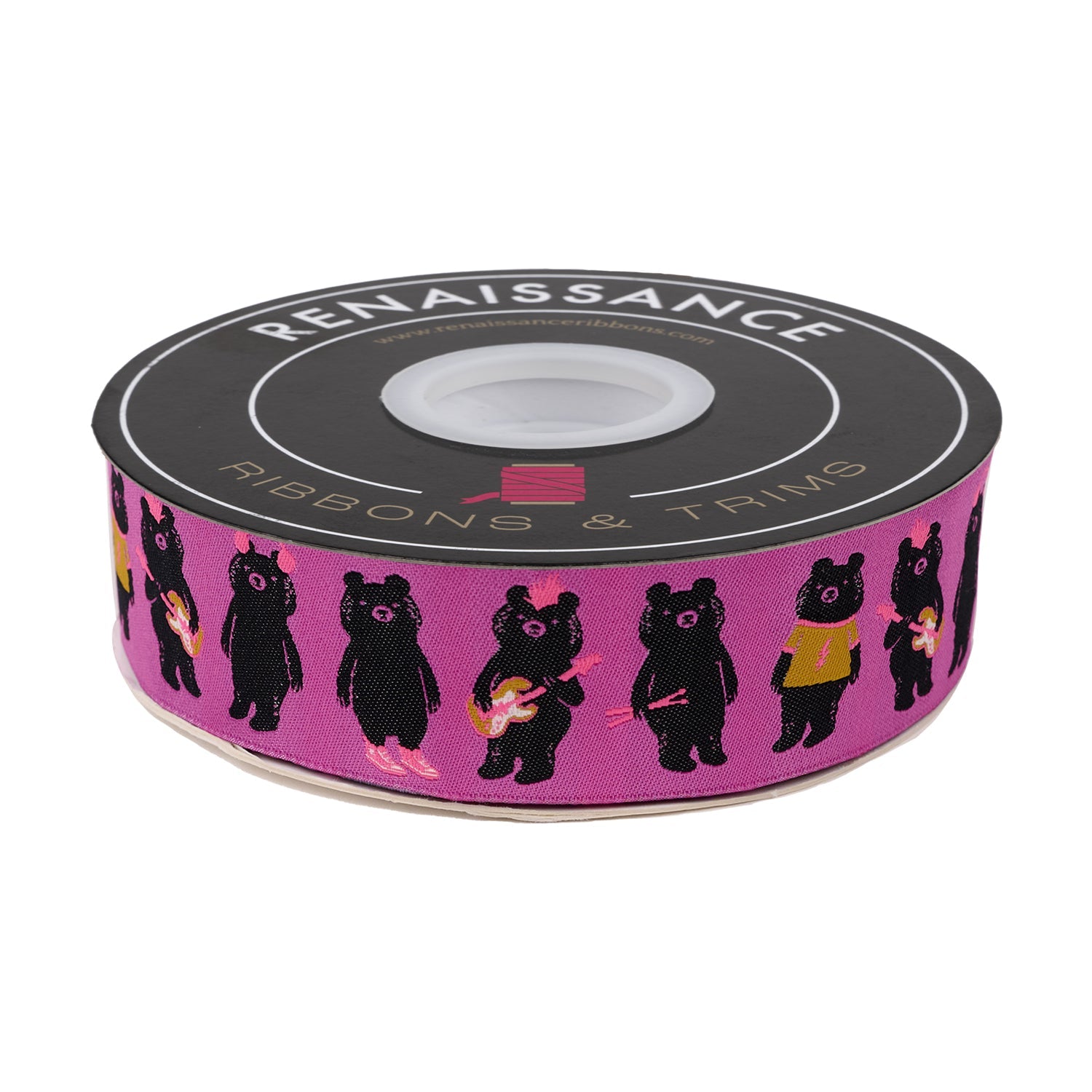 Designer Renaissance Ribbons: Teddy and the Bears - The Band in Raspberry 1.5" BTY