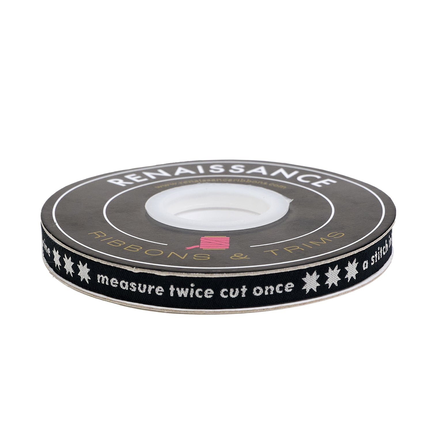 PREORDER Designer Renaissance Ribbons: Measure Twice Black 3/8" BTY