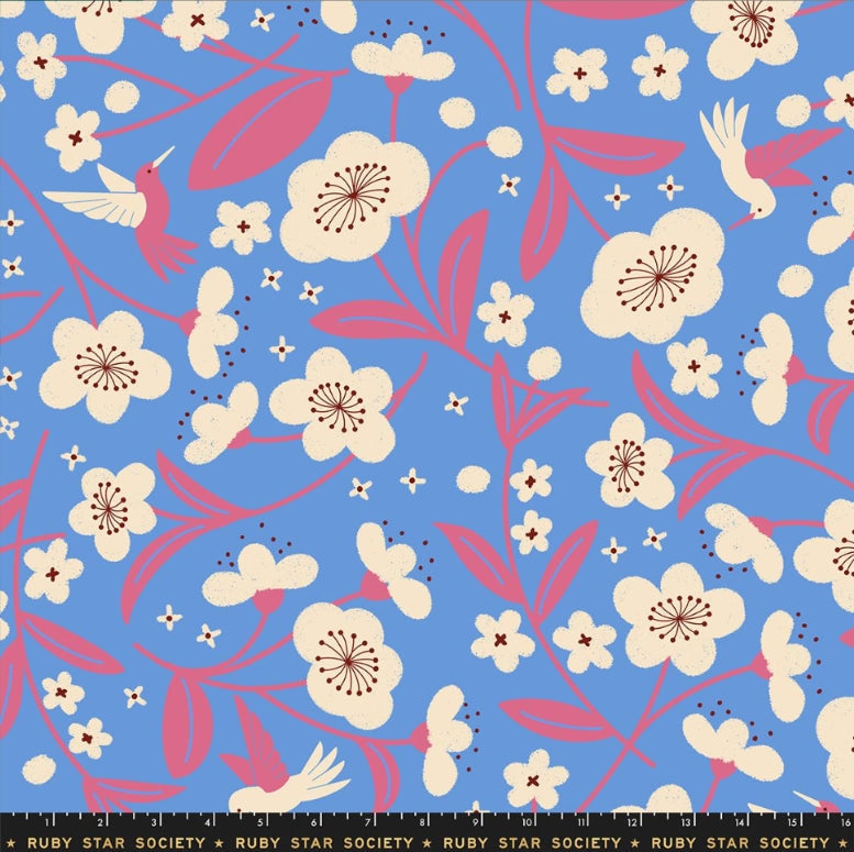 PREORDER Persimmon || Blossoms Lindley Blue || 108" Cotton Quilting Fabric HALF YARD