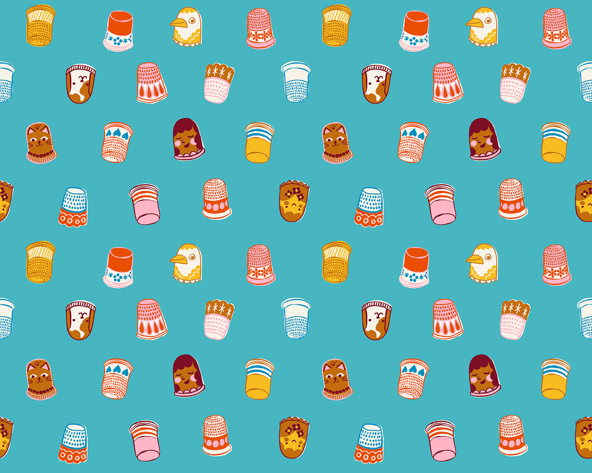 PREORDER 1-800-Notion || Thimbles Turquoise || Cotton Quilting Fabric