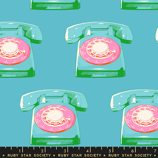 PREORDER Sparkle Mart || Telephones Dark Turquoise || Cotton Quilting Fabric