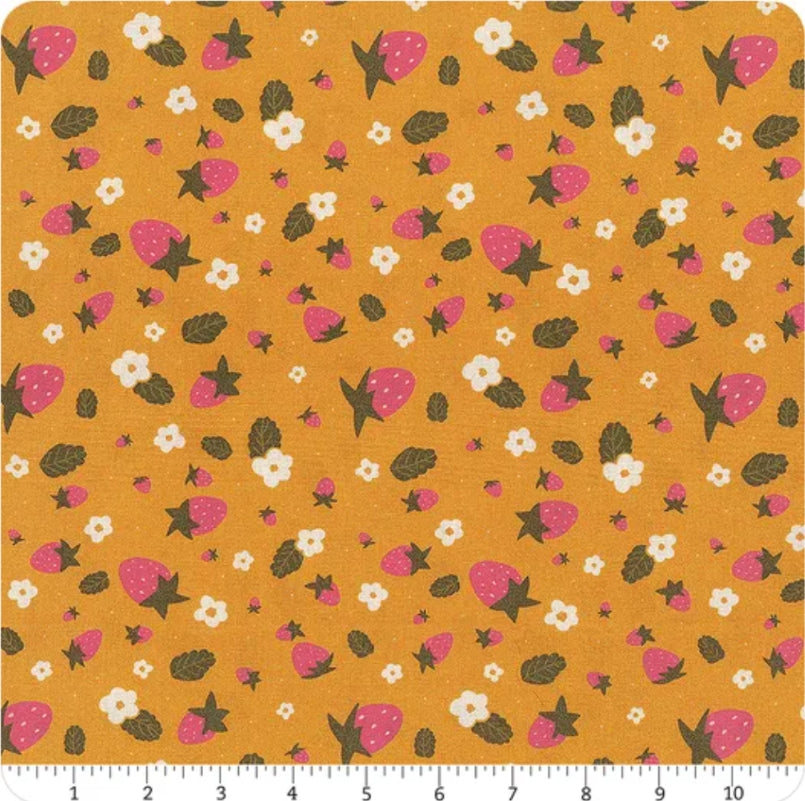 Joyful June || Strawberries Ochre || Cotton Quilting Fabric
