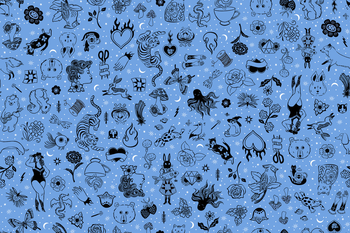 PREORDER Ink Shop || Tattoo Flash Lindley Blue || Cotton Quilting Fabric