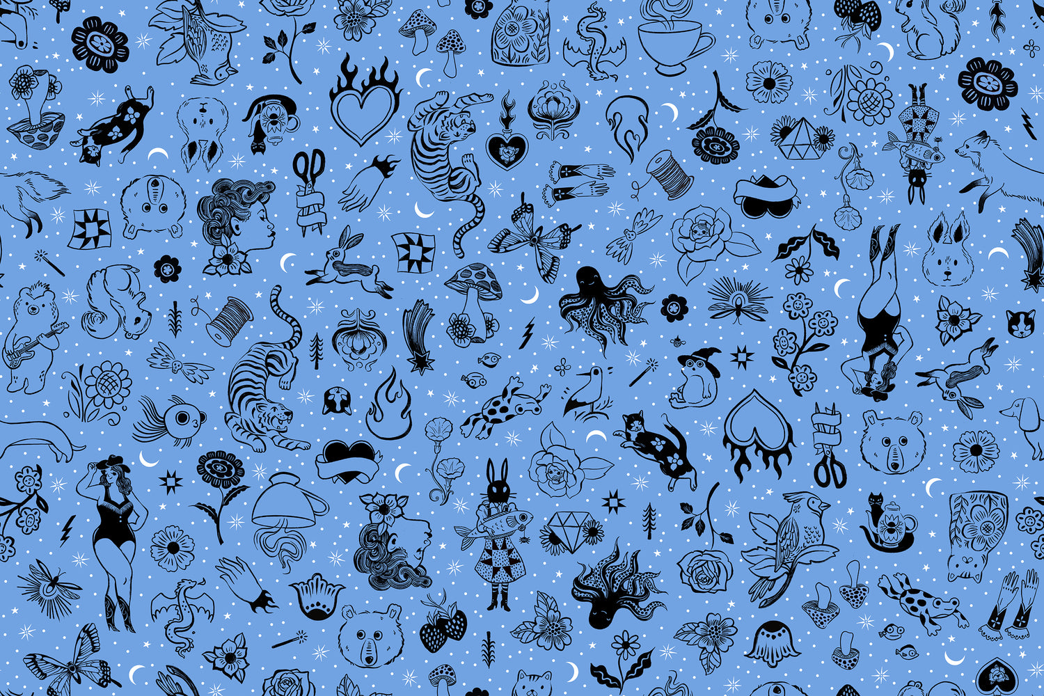 PREORDER Ink Shop || Tattoo Flash Lindley Blue || Cotton Quilting Fabric