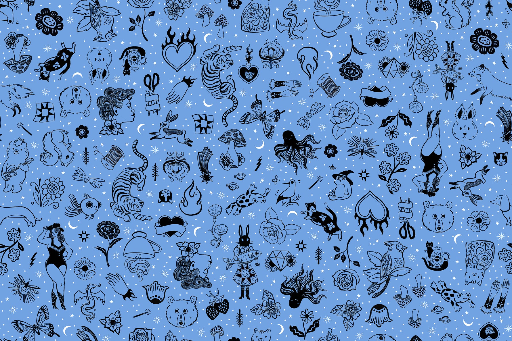 PREORDER Ink Shop || Tattoo Flash Lindley Blue || Cotton Quilting Fabric