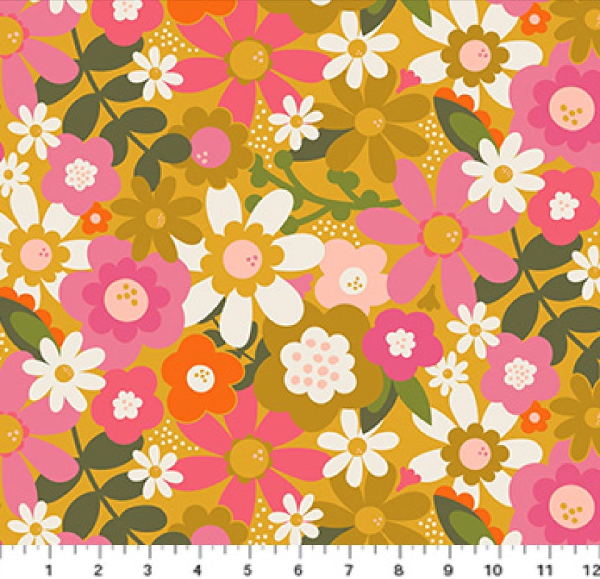 Joyful June || Floral Ochre || Rayon Apparel Fabric HALF YARD