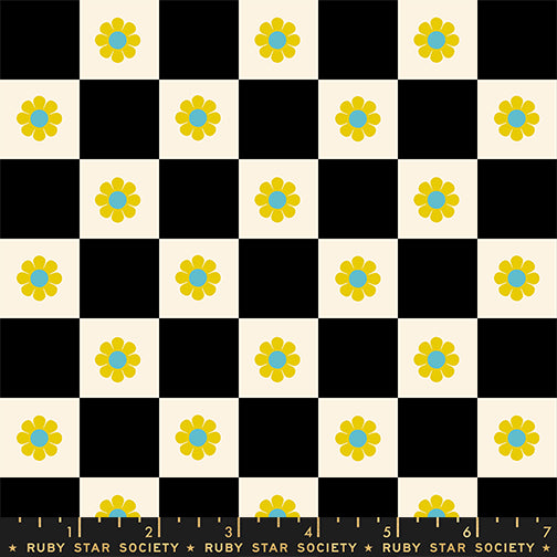 PREORDER Daisy Days || Flowers Check Black || Cotton Quilting Fabric