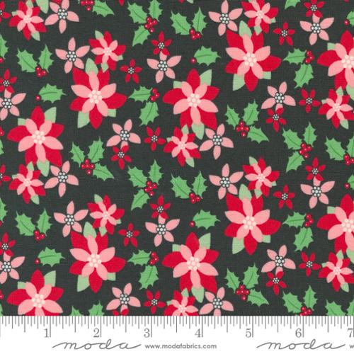 Kitty Christmas || Poinsettia Florals Coal || Cotton Quilting Fabric || Half Yard