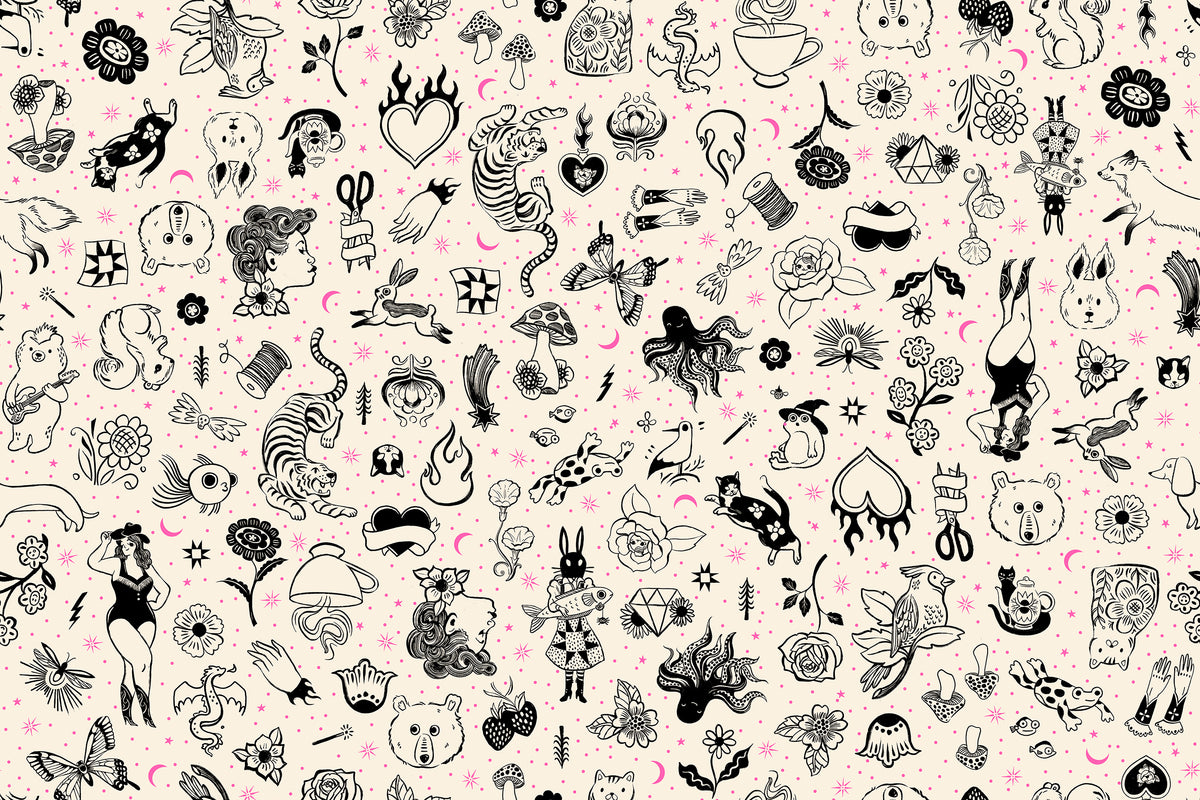 PREORDER Ink Shop || Tattoo Flash Natural || Cotton Quilting Fabric