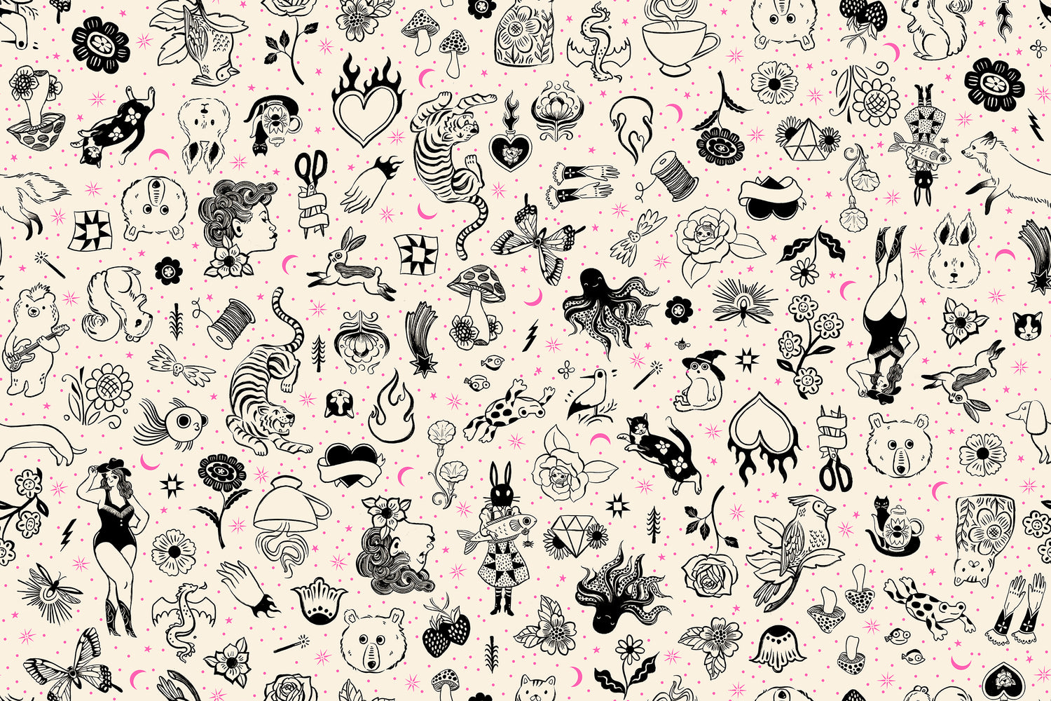 PREORDER Ink Shop || Tattoo Flash Natural || Cotton Quilting Fabric