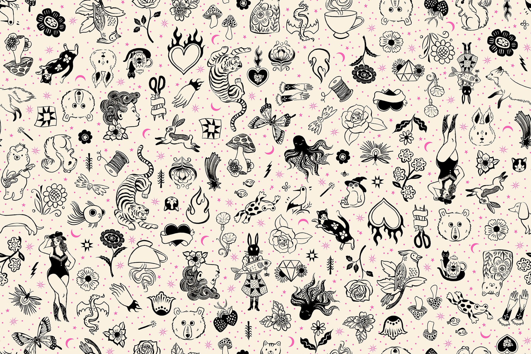 PREORDER Ink Shop || Tattoo Flash Natural || Cotton Quilting Fabric