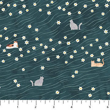 Paws & Play | Teal Cat Field| Cotton Quilting Fabric