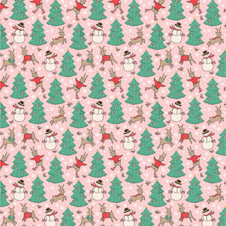 Oh What Fun || Skating Deer Pink || Cotton Quilting Fabric || Half Yard