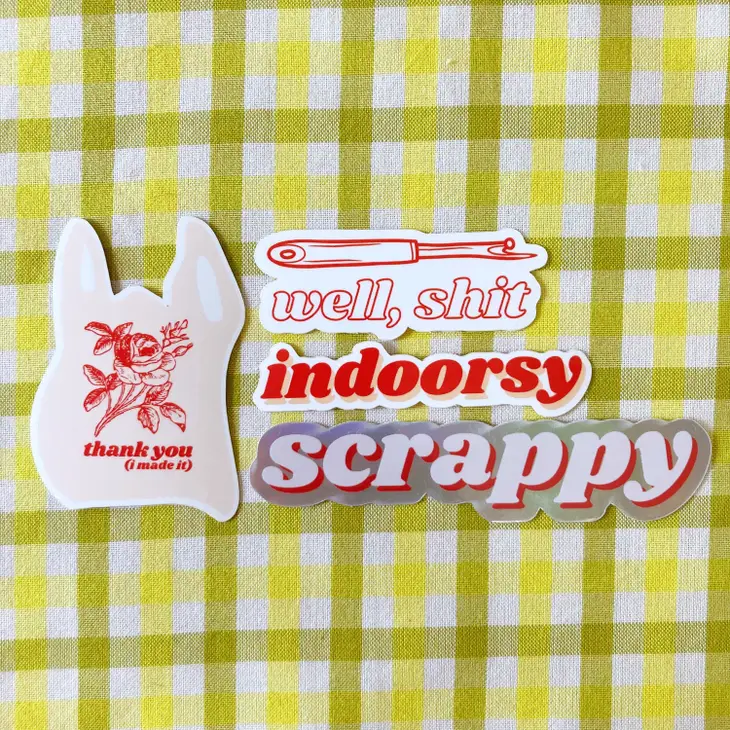 Quilting Sewing Vinyl Sticker Pack, Scrappy, Indoorsy, Seam Ripper, Thank You Bag